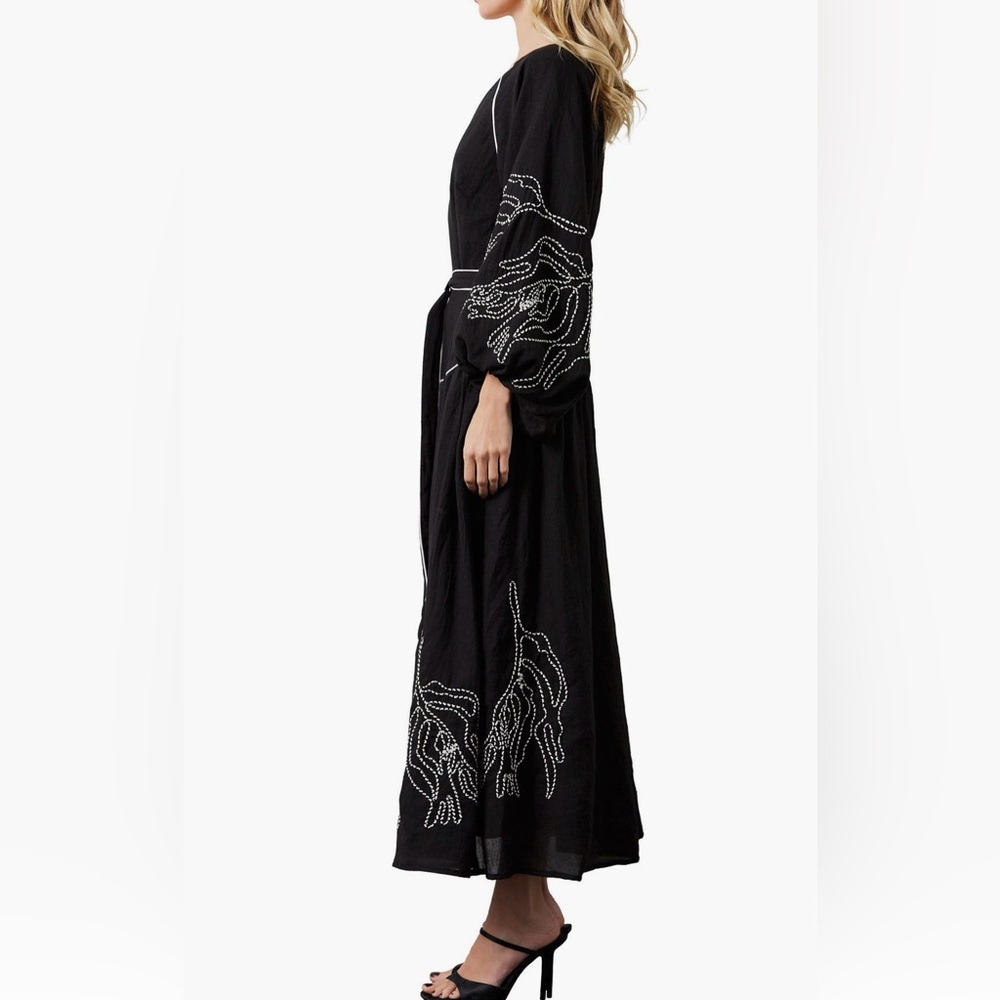 NEW CIEBON Eliza Embroidered A-Line Dress Black 3/4 Sleeve L - Picture 4 of 13